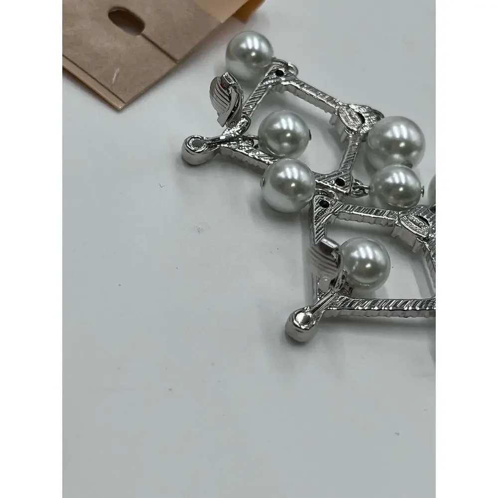 Kenneth‎ Jay Lane White Pearl Crystal Silver Tone Chandelier Clip Earrings New - Picture 12 of 14